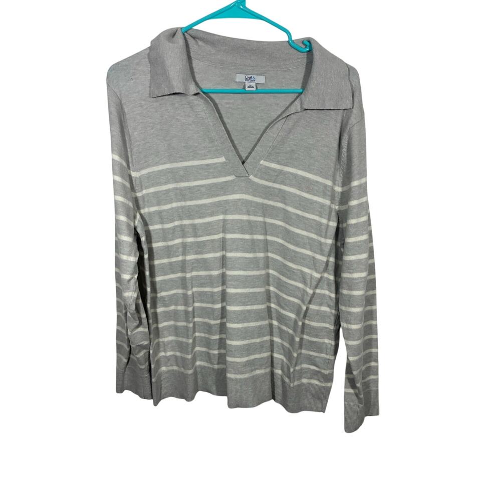 Crown & Ivy Gray White Striped Collared Sweater Women’s XL Preppy Coastal Casual - Picture 2 of 5